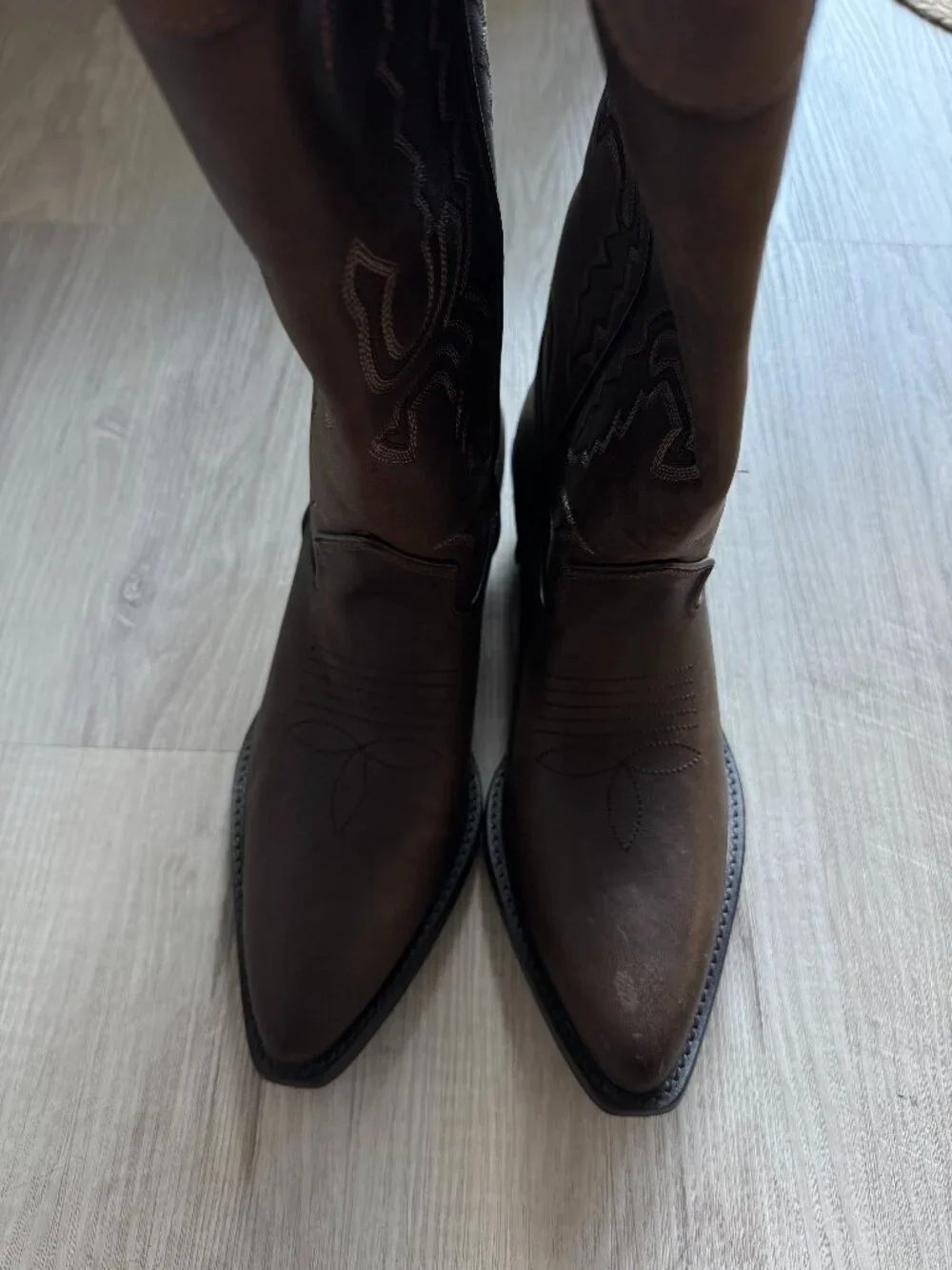 ZARA Tall Leather Cowboy Boots | Distressed Brown | Embroidered | NWT | Size